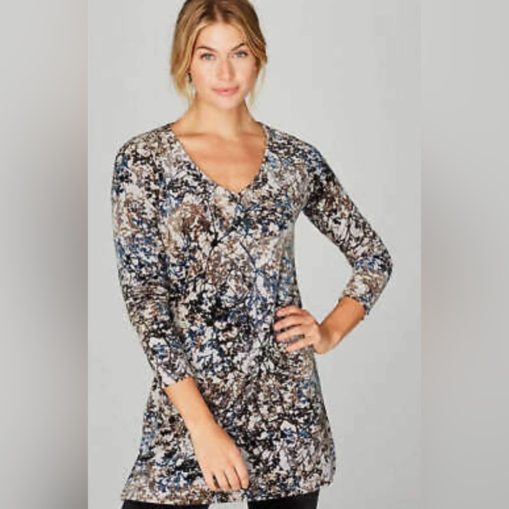 J Jill Pure Women's M Velour Tunic‎ Top Blue Brown Stretch Cozy Bohemian